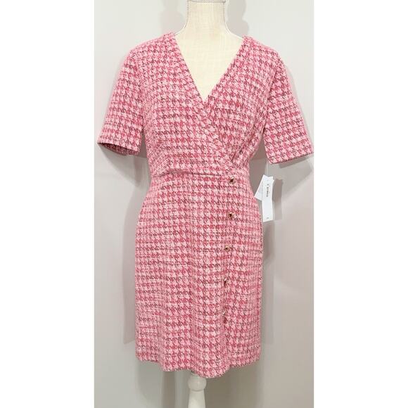 NEW London Times Short Sleeve Bouclé Faux-Wrap Dress Executive Houndstooth Sz 6 - Picture 1 of 2